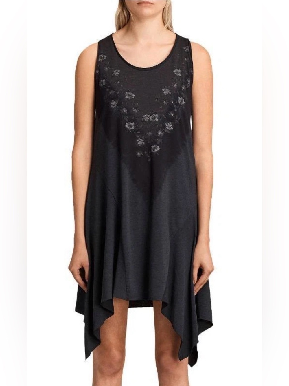 All Saints Tany Loire Asymmetric Cotton Blend Dress Washed Black Size XS